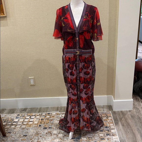 Byron Lars, Elegant,Unique Floral Sheer Maxi Dress, Red/Purple Accents, size 10 - Picture 2 of 15